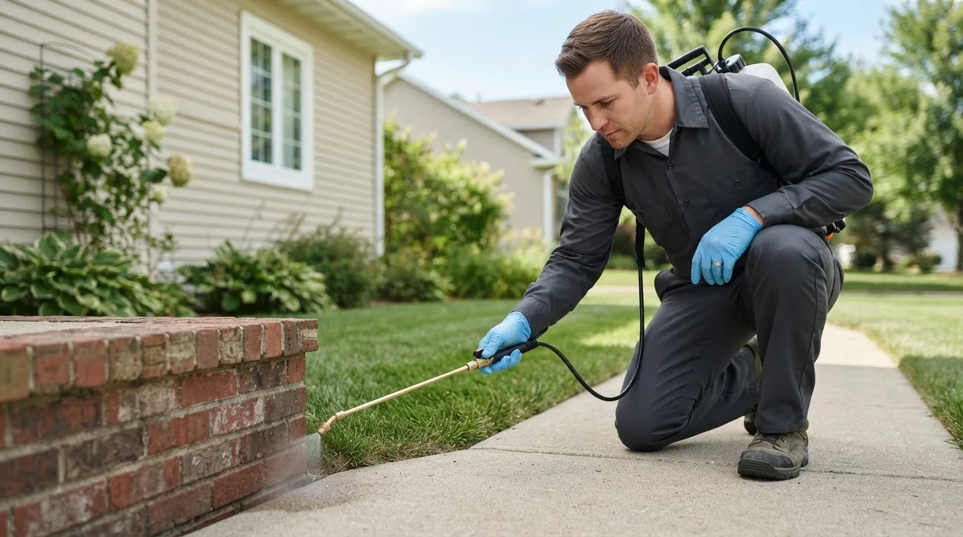 Pest control technician treating a home near Crowley, CO